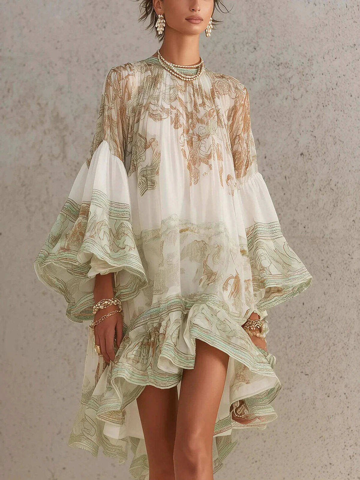 Vintage Boho Floral Print Ruffle Hem Mini Dress for Women