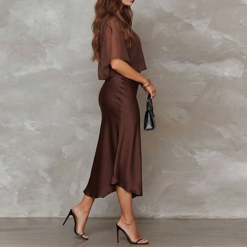 Elegant Chiffon Mesh Top and Mermaid Skirt Set for Women