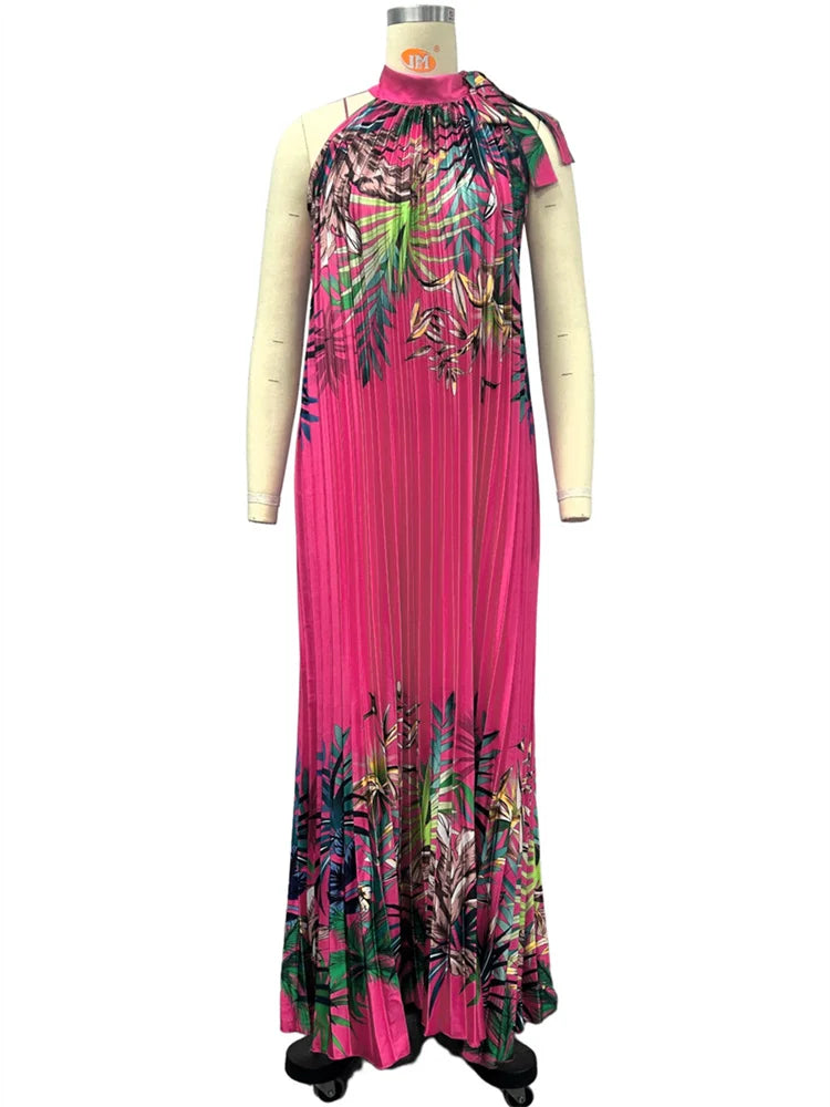 Wmstar Women Dress Lady Casual Loose Halter Pleated Maxi Fashion Leaf Print Sleeveless Beach Boho Elegant Halter Long Dresses