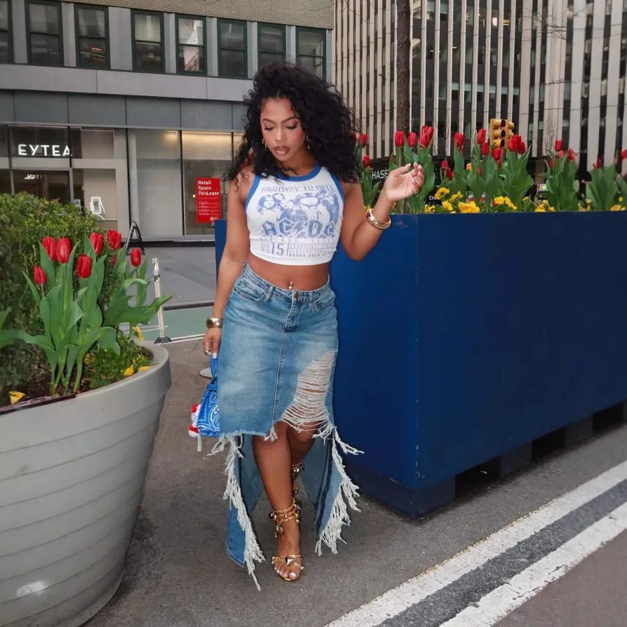 Distressed High Waist Denim Skirt With Irregular Hem For Women