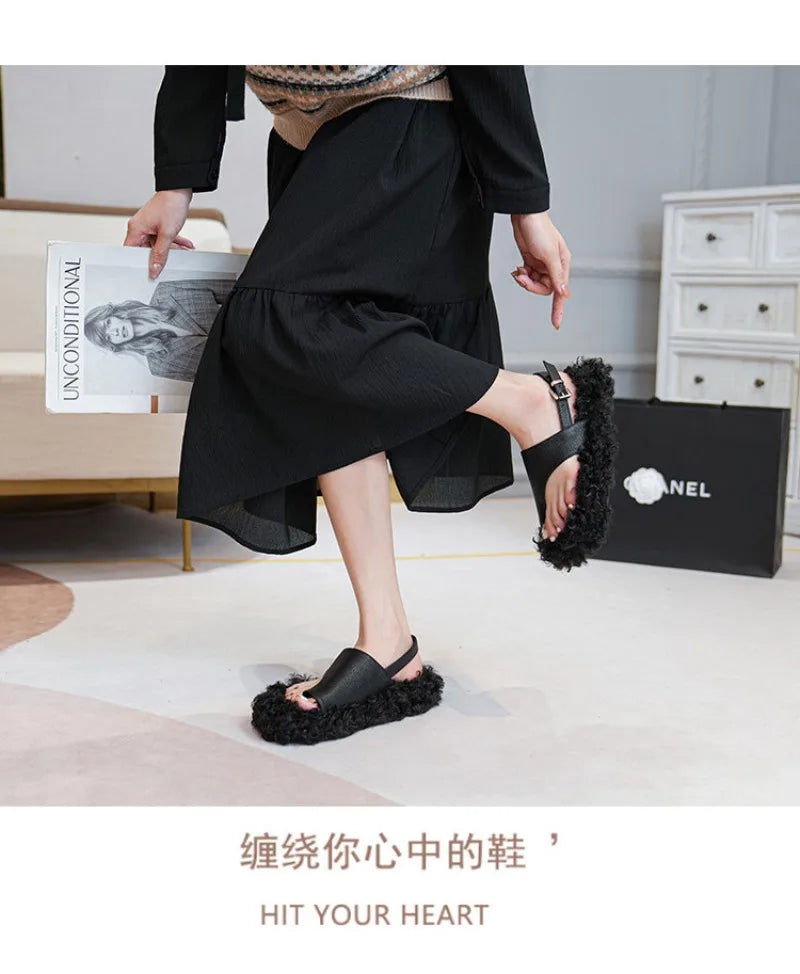 Cozy Plush Buckle Strap Flat Toe Slippers for Women
