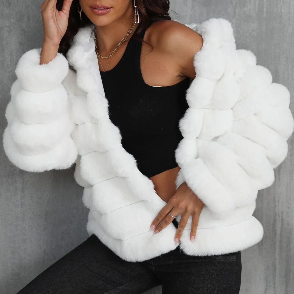 Warm Hooded Short Faux Fur Coat With Turn Down Collar for Women