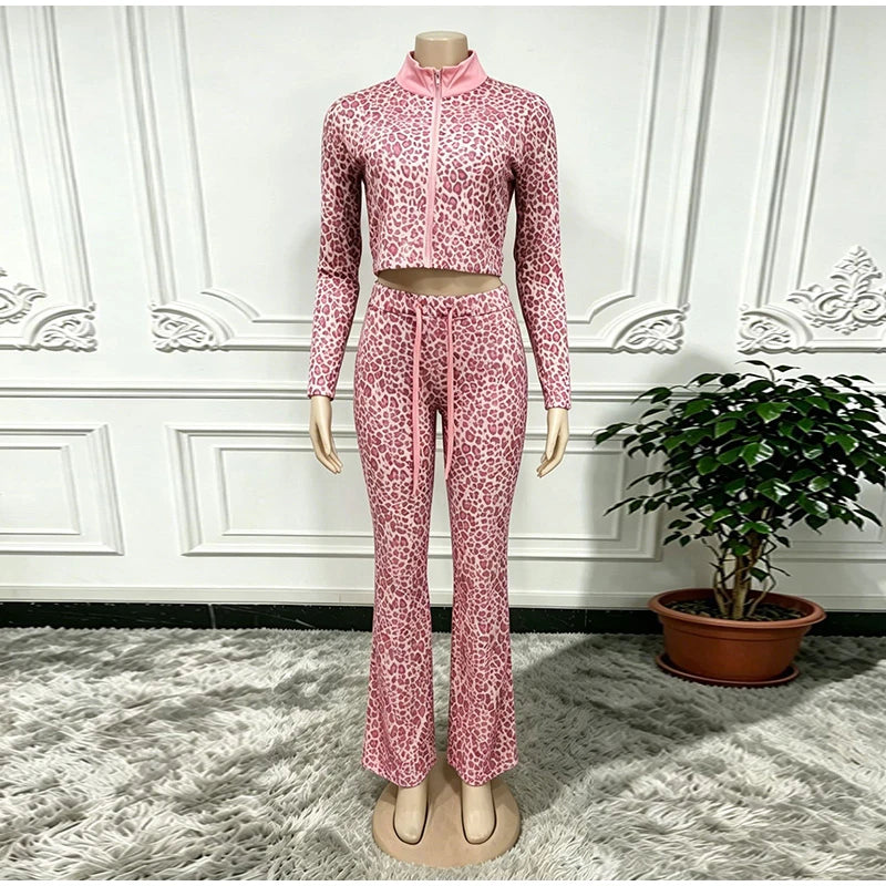Leopard Print Stand Collar Casual Two Piece Set For Women