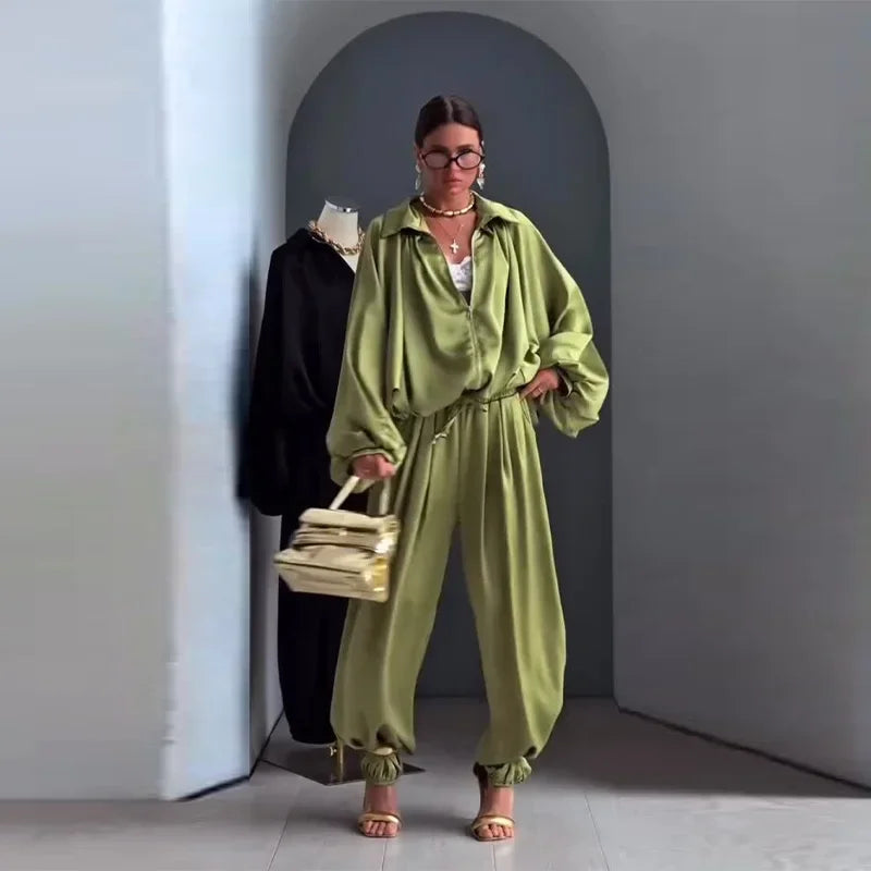Autumn Casual Loose Relaxed Coat and Pants Set for Women
