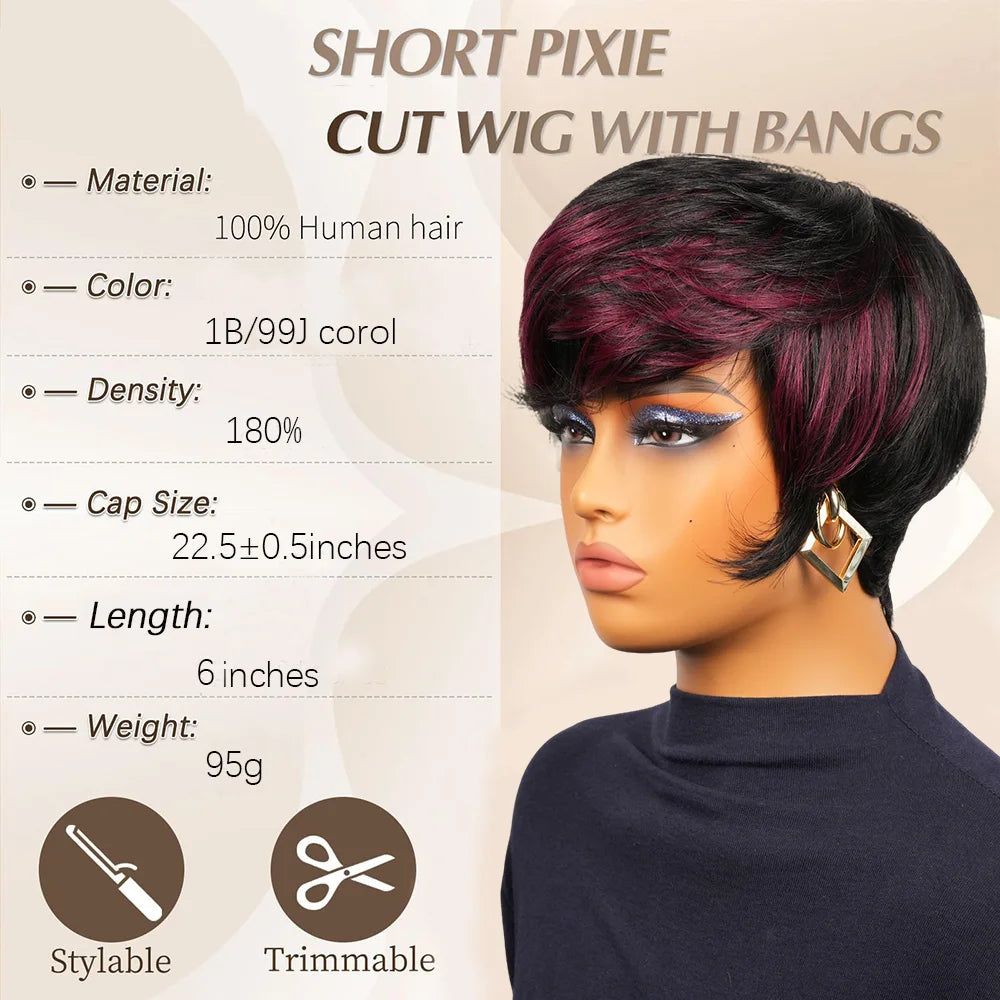 Short Black Burgundy Highlighted Pixie Wig For Women