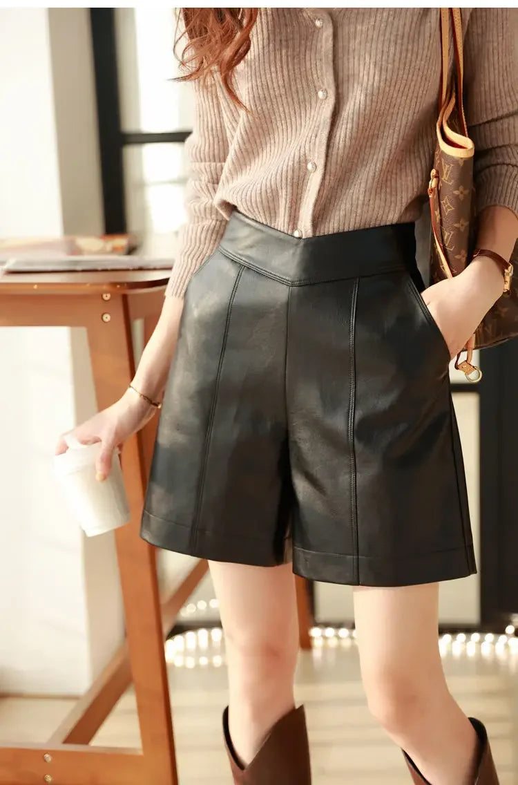 High Waist Wide Leg A Line Patchwork Faux Leather Shorts For Women