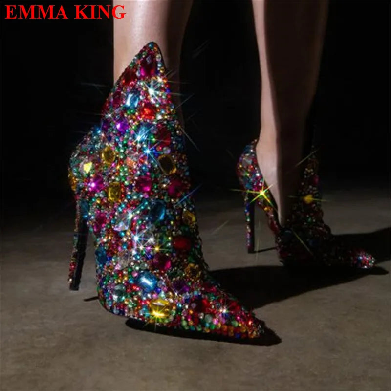 Elegant Rhinestone Pointed Toe Ankle Boots for Women