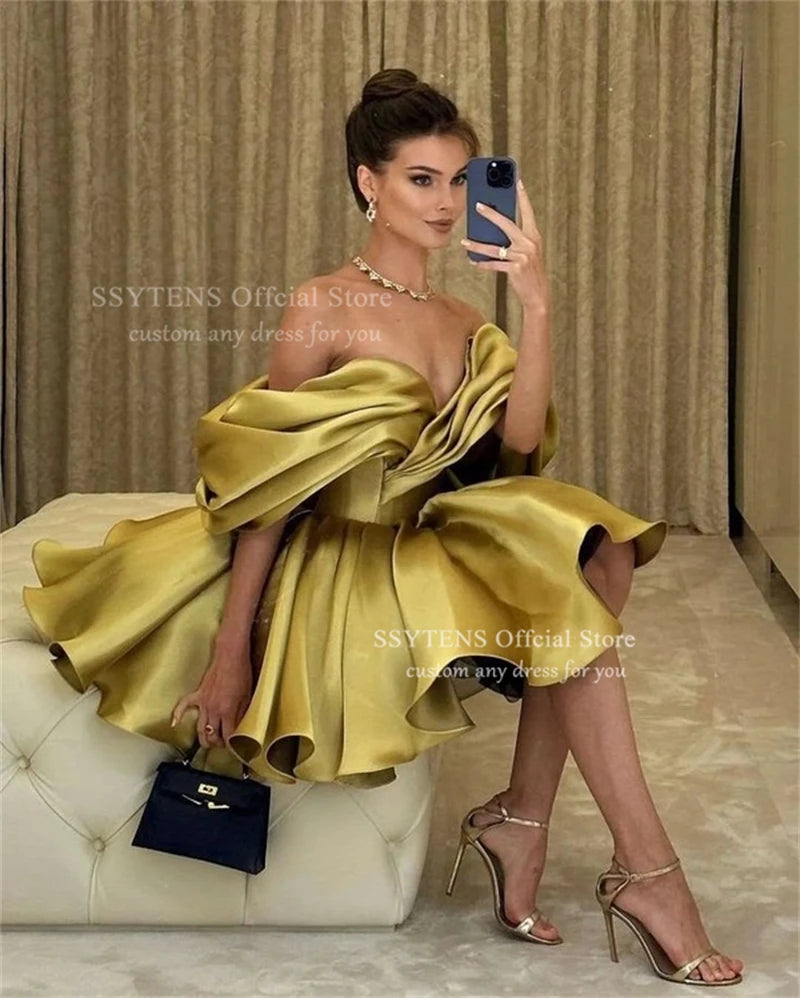 Golden Satin Draped Ruched Short Prom Dress for Women