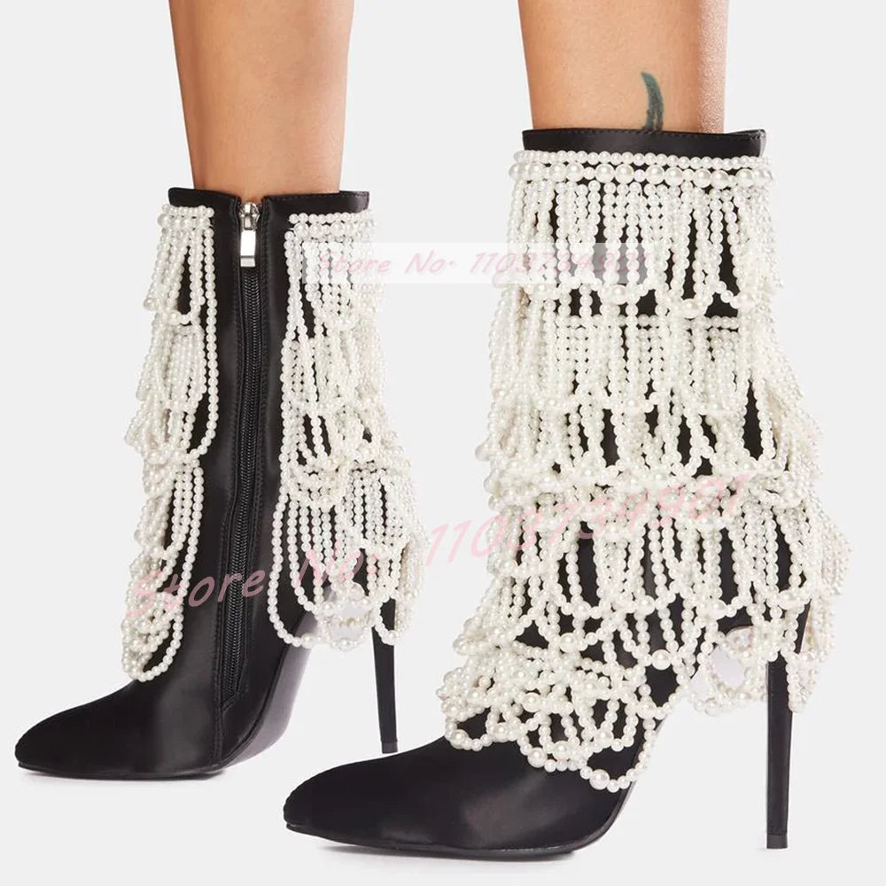 Mid Calf Pointed Toe Zip Satin Pearl Chain Black Boots for Women