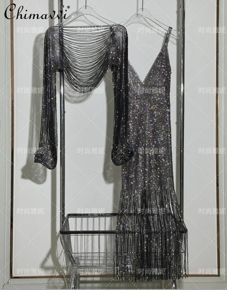 Fashion Heavy Diamond Shawl Bust Long Sleeve Top Sexy Girl Evening Dress V-Neck Slim Hip Wrap Tassel Suspender Dress 2-piece Set