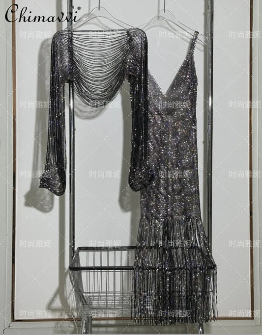 Fashion Heavy Diamond Shawl Bust Long Sleeve Top Sexy Girl Evening Dress V-Neck Slim Hip Wrap Tassel Suspender Dress 2-piece Set