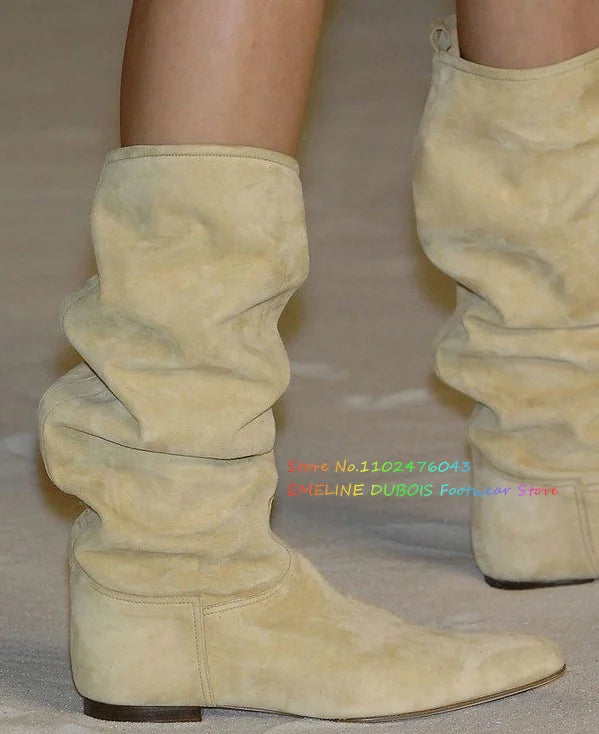 Light Yellow Flat Knee High Boot Women Round Toe Slip On Casual Sexy Fashion Show Long Boot Ladies Suede Comfort Newest Shoes