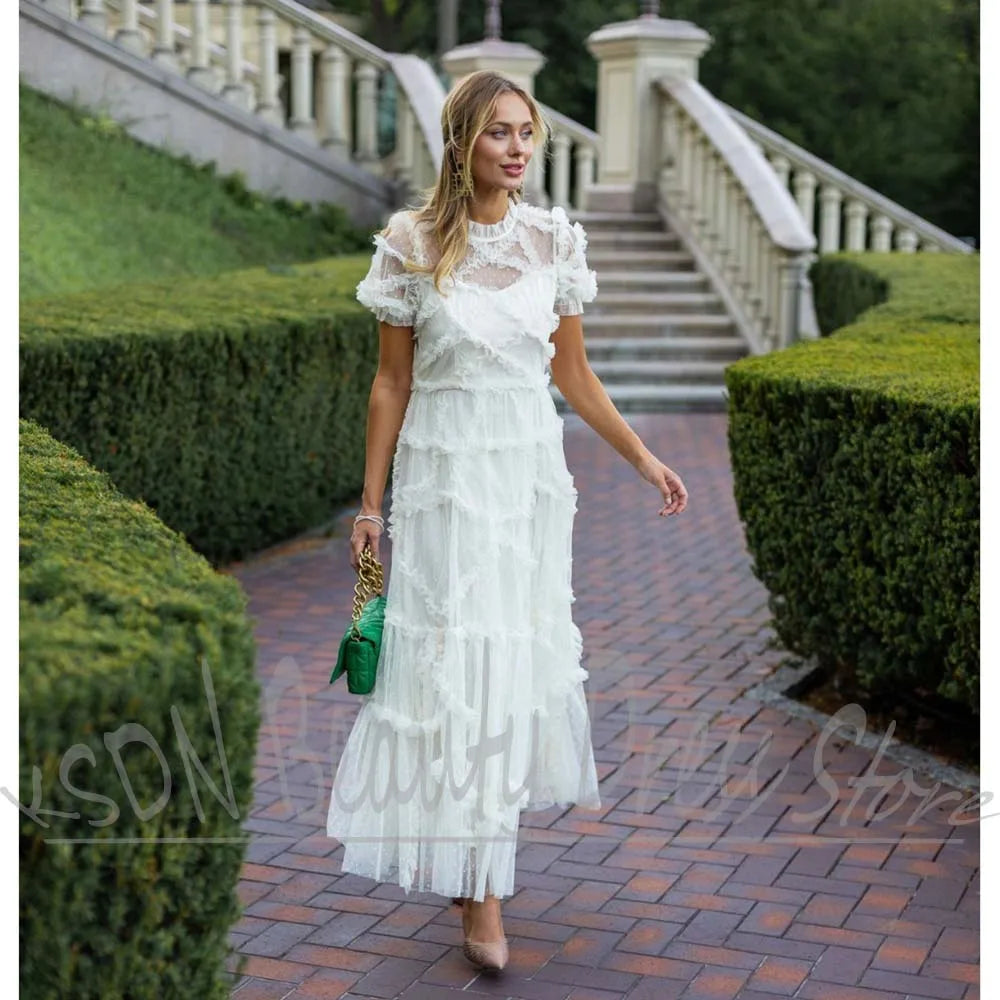 Elegant Dot Organza Dress With Ruffles for Women
