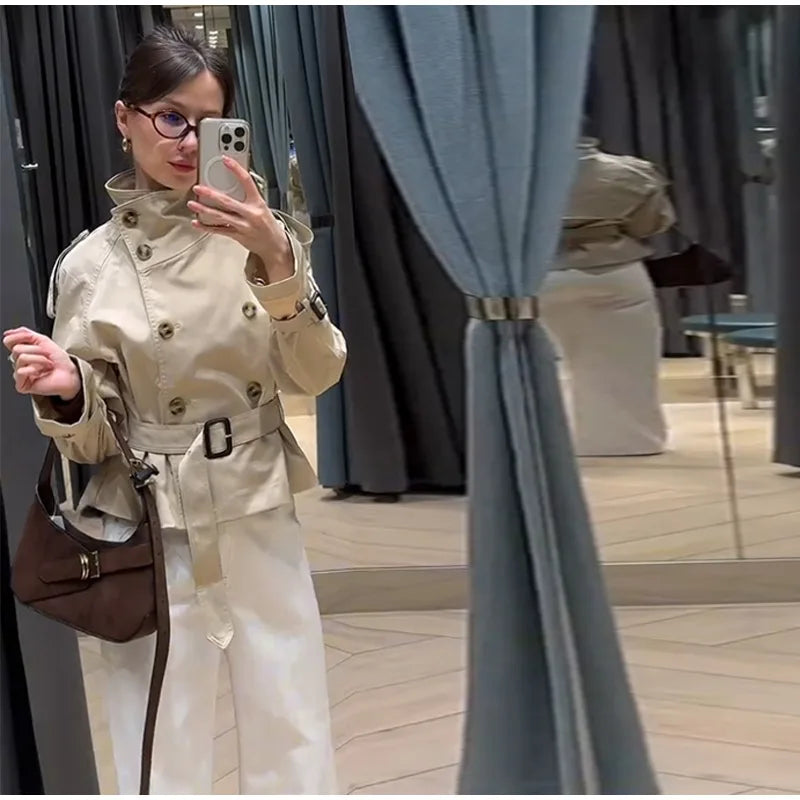 Chic Belt Women's Coat Elegant Stand Collar Full Sleeve Single Breasted  Female Jacket 2025 Autumn Fashion Commuter Windbreaker