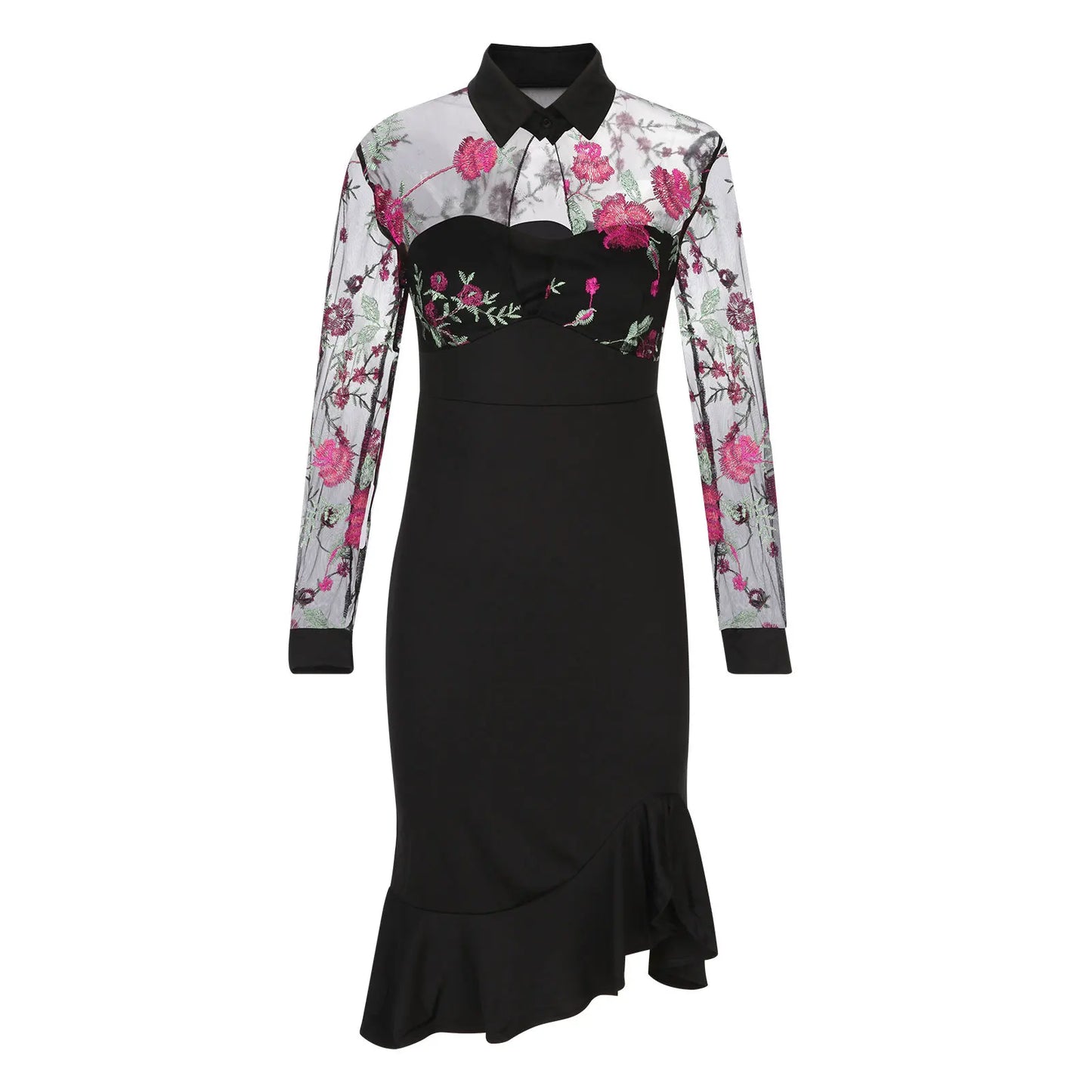 Women Sexy See-Through Mesh Dress Patchwork Ruffles Floral Dress Long Sleeve Party Slim Dress Elegent Daily Wear
