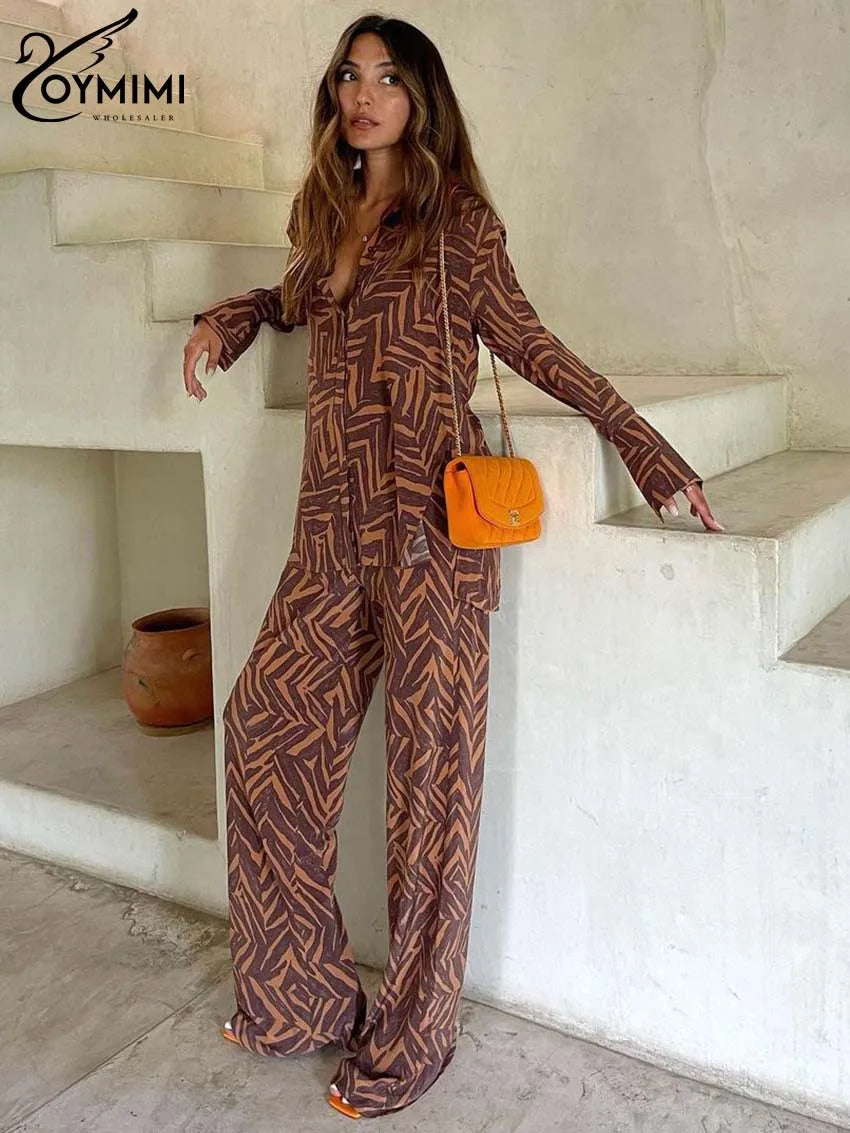 Oymimi Casual Brown Print Sets Womens 2 Piece Elegant Long Sleeve Button Side Slit Shirts And High Waisted Straight Trousers Set