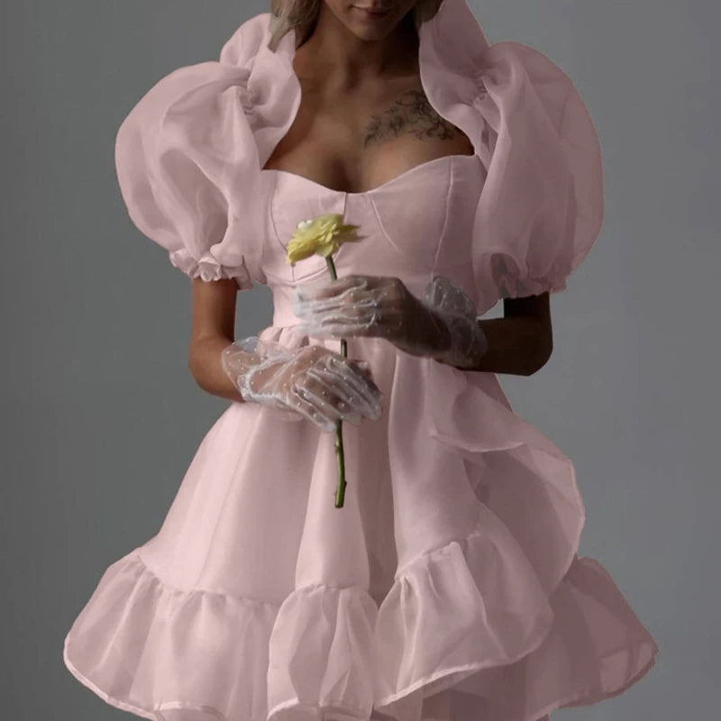 Puff Sleeve High Waist Pink Ruffle Dress for Women