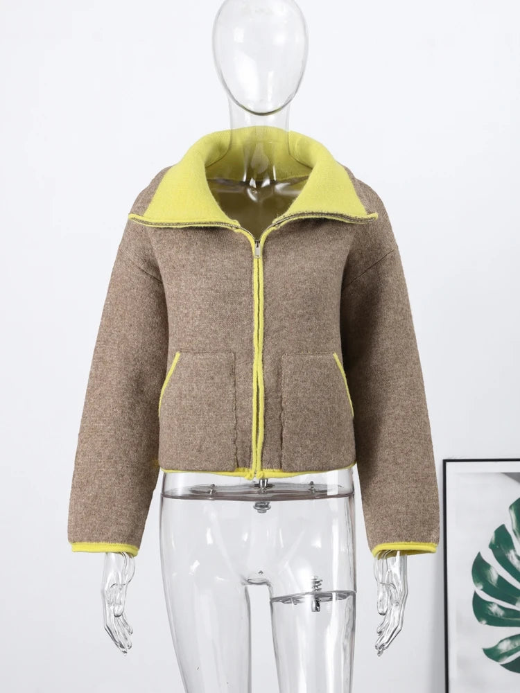 Fuzz Yellow Contrast Long Sleeve With Zipper Coat for Women