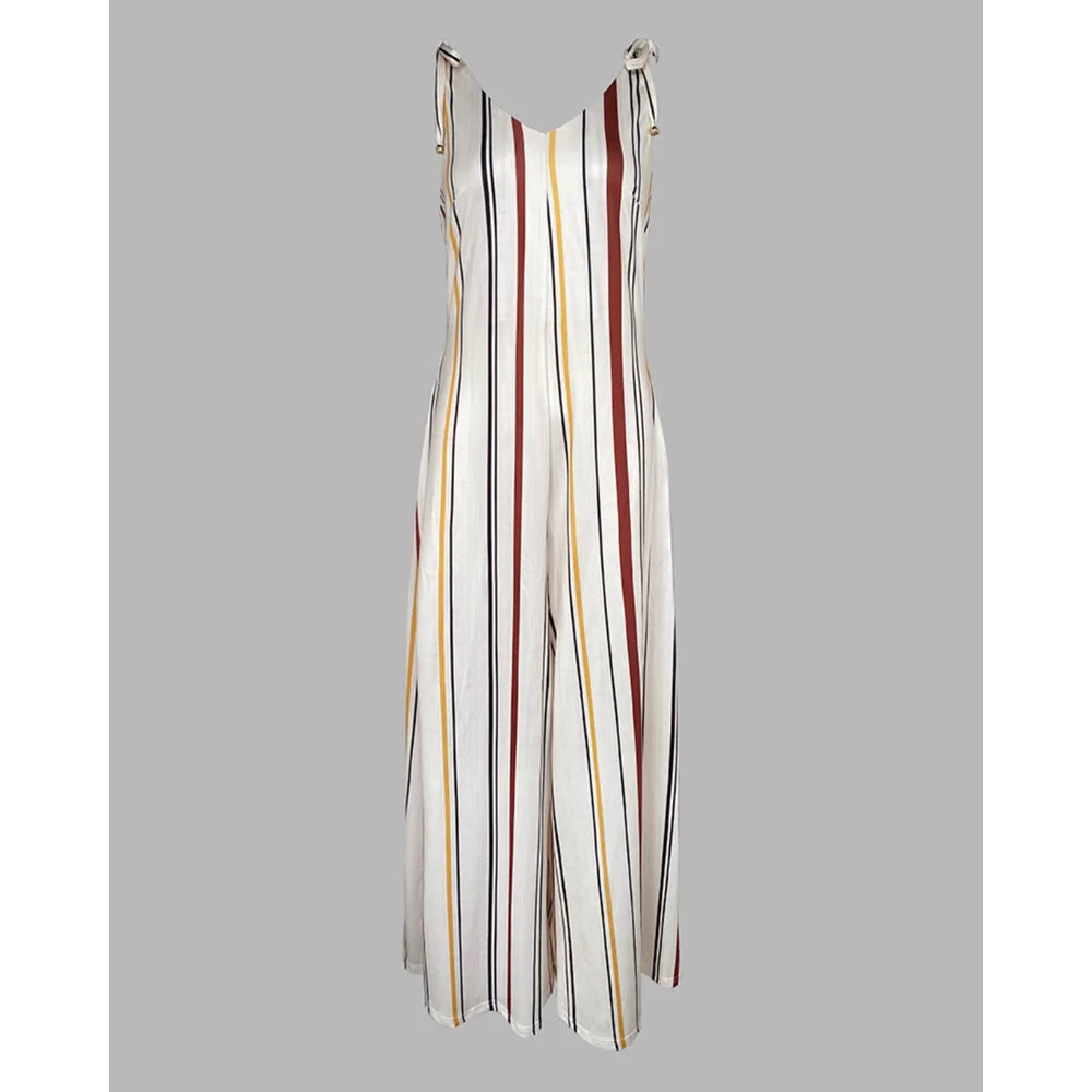 Women'S Striped Print V Neck Shoulder Lace Up Sleeveless Jumpsuit Casual Pocket Design Zipper Wide Leg Romper Summer Outfits