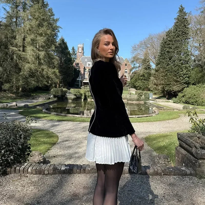 Elegant Splicing Velvet Women Pleated Skirt Chic Long Sleeved Waist Slimming Square Neck Dress Lady Party Vacation Dresses