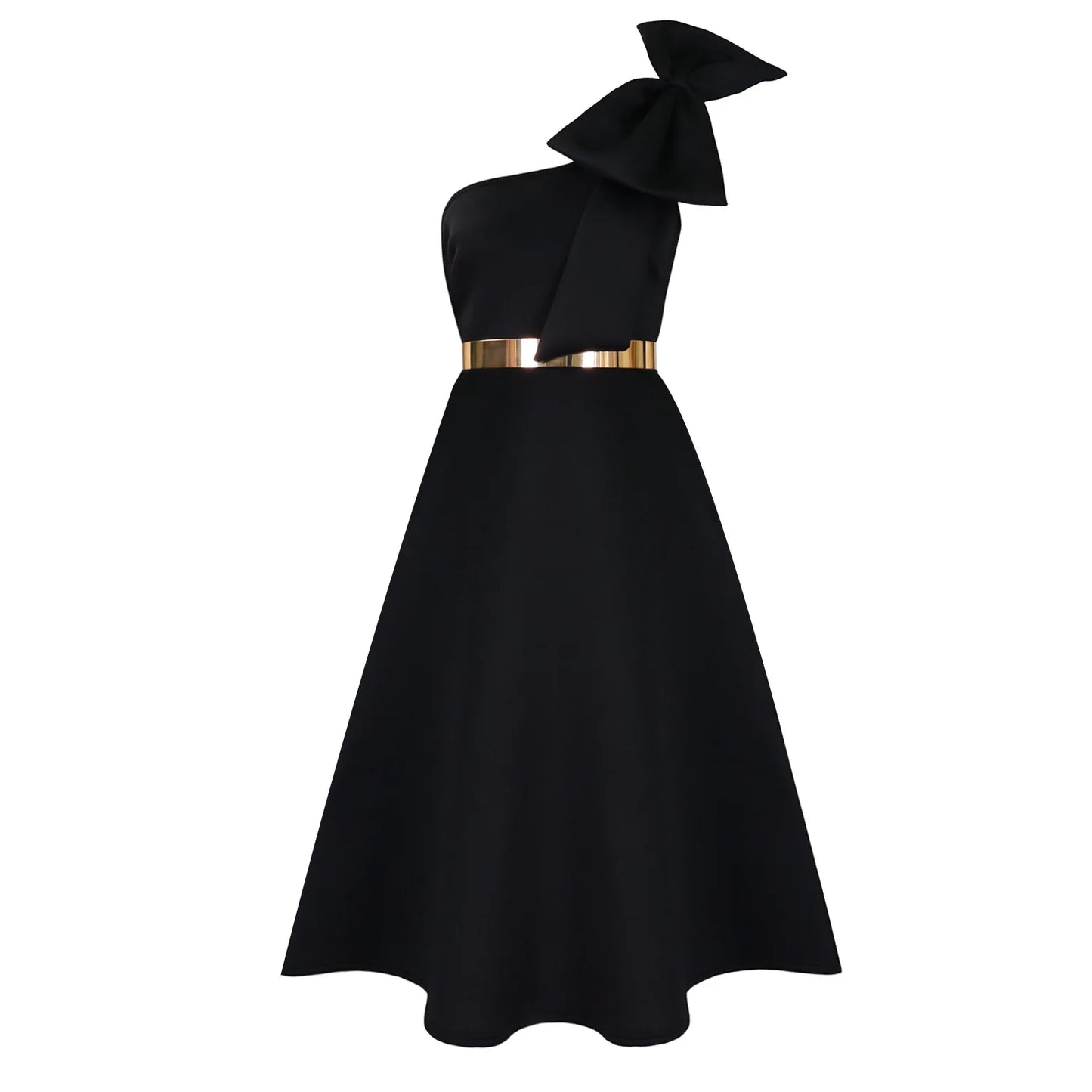 Dress One Shoulder A Line Pleated Knee Length Sleeveless Bow Belt Elegant Party Style