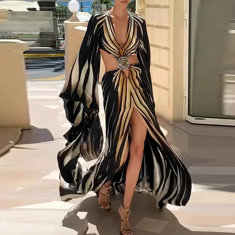 Striped Backless Split Maxi Dress