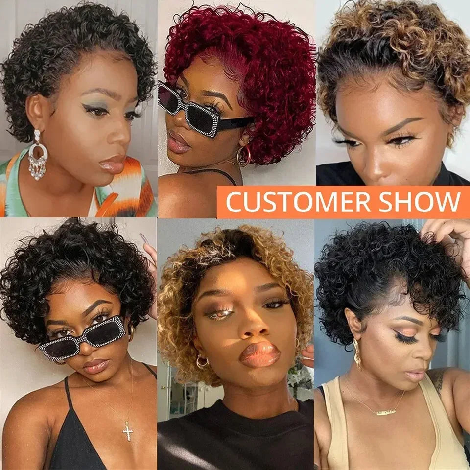 Water Curly Pixie Cut Human Hair Lace Front Wig for Women
