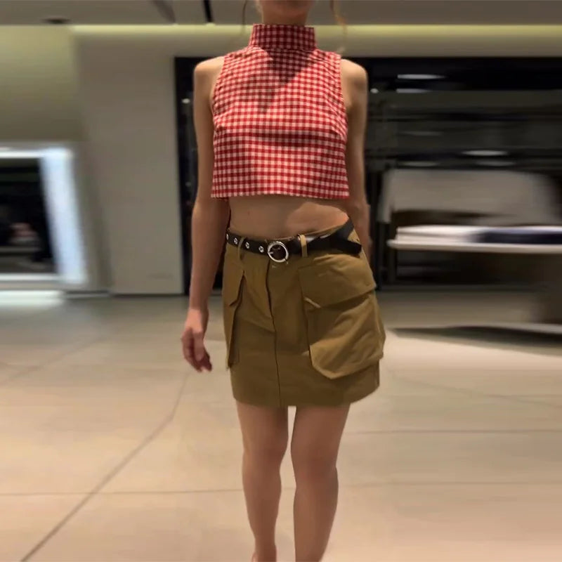 Casual Plaid Vest And Pleated Pants Set Beachwear for Women