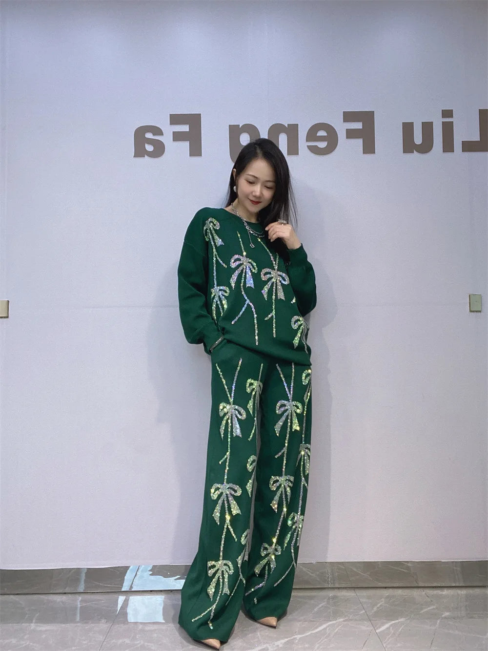 2025 Autumn New Fashion Rhinestone Knitted Two-Piece Set Loose Women's Top Casual Wide-Leg Pants Ladies Long Pants Suit
