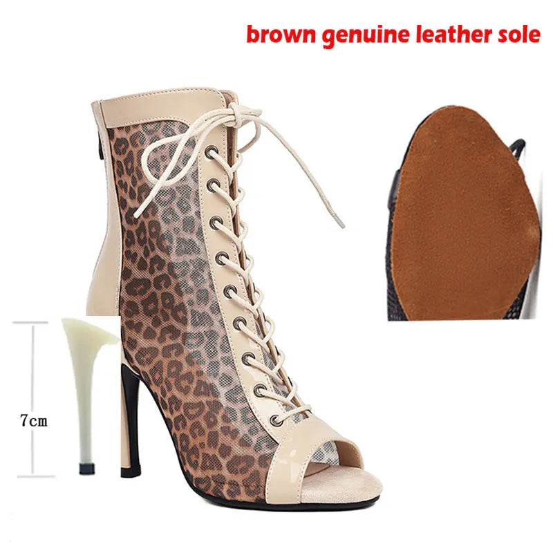 Leopard Print Latin Dance Heeled Ankle Boots for Women
