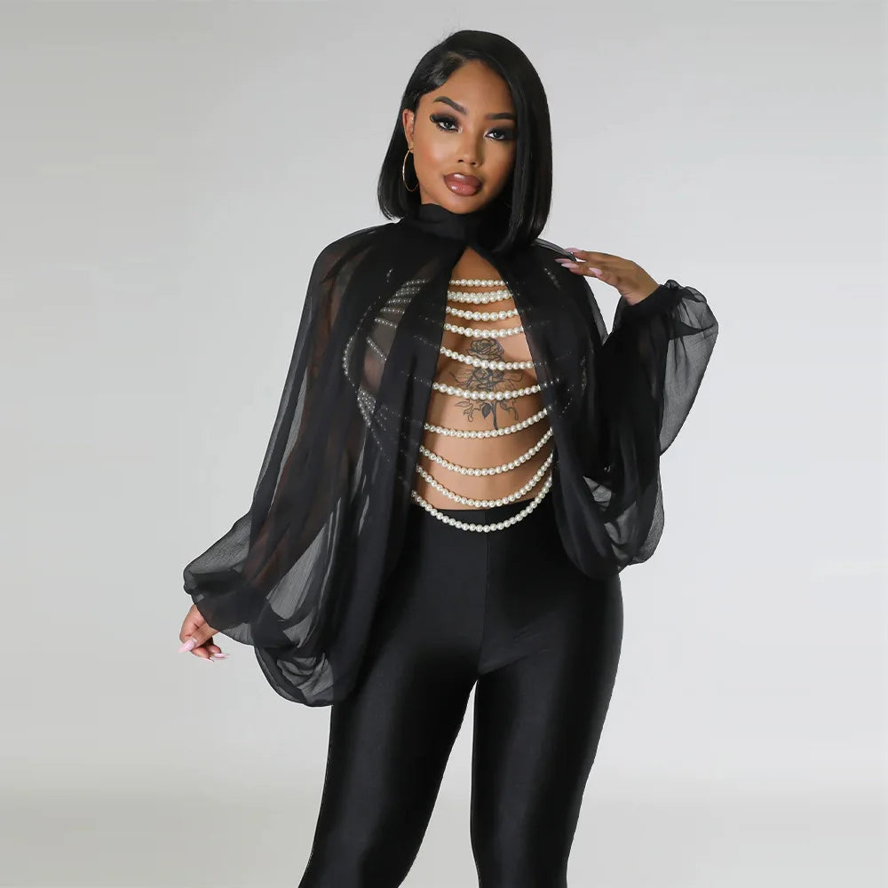 Sheer Lantern Sleeve Blouse with Tie Back for Women