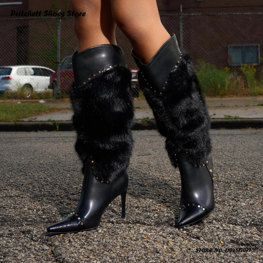 Studded Faux Fur Knee High Open Toe Stiletto Boots for Women