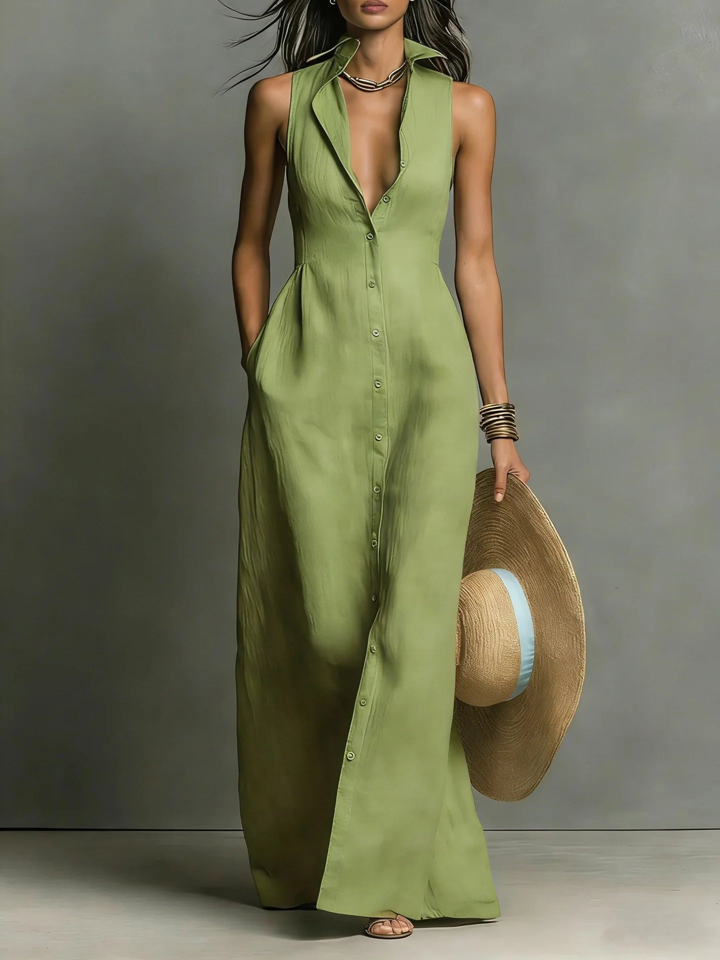Elegant Deep V Neck Button Pocket Maxi Dress for Women