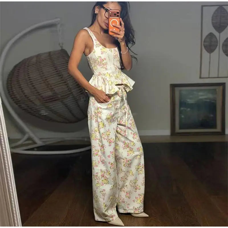 Floral Print Ruffle Wide Leg Pants Two Piece Set For Women