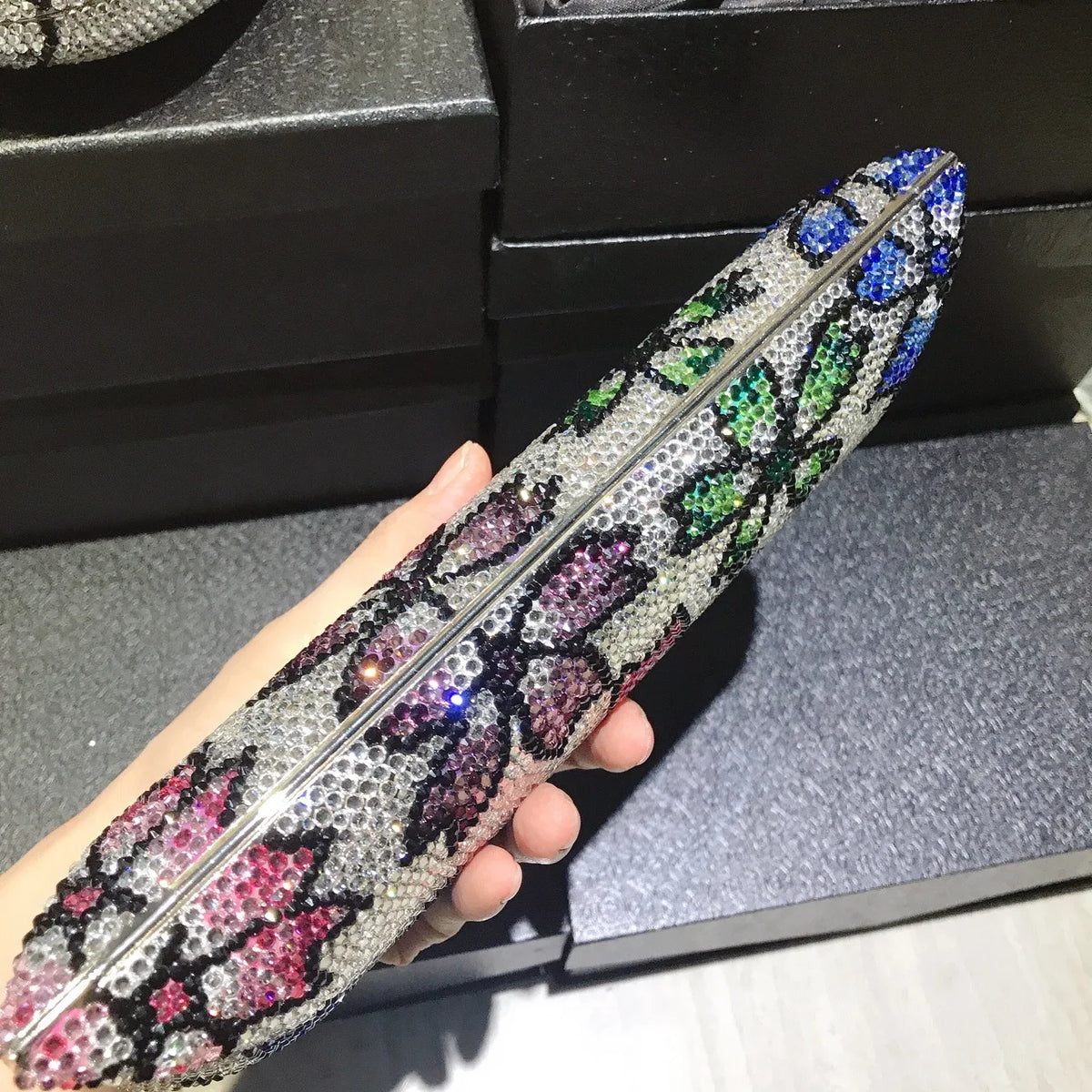 Sparkling Crystal Quilted Hard Case Clutch Bag for Women