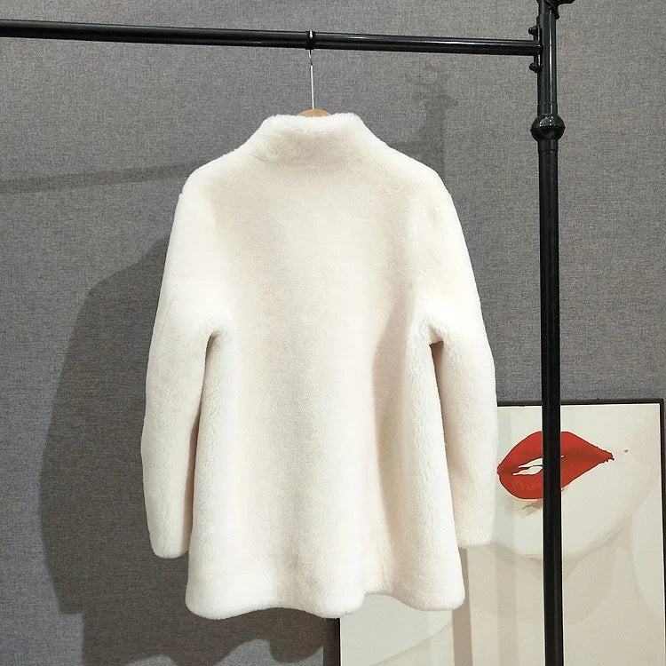 Mid Length Stand Collar Shearling Coat