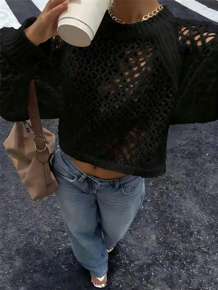 Long Sleeve Sheer Open Back Knit Sweater for Women