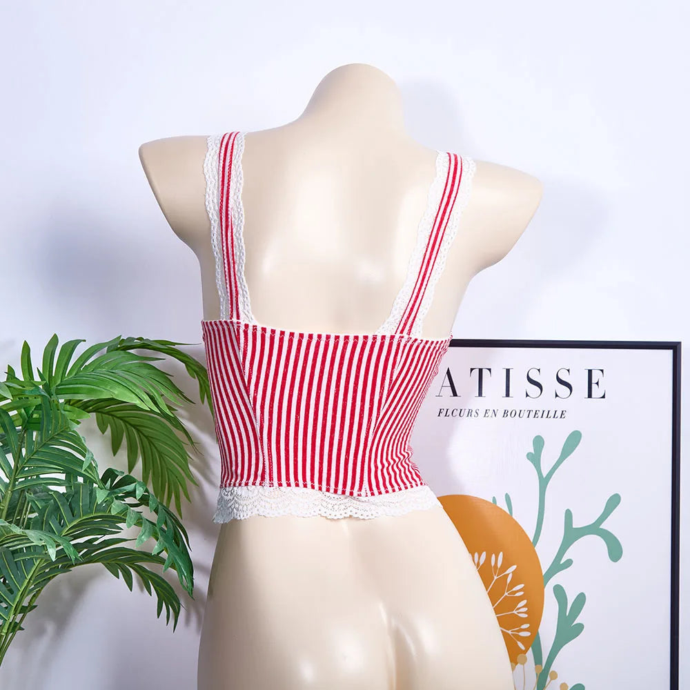 Striped Lace Trim V-Neck Slim Fit Camisole Top for Women