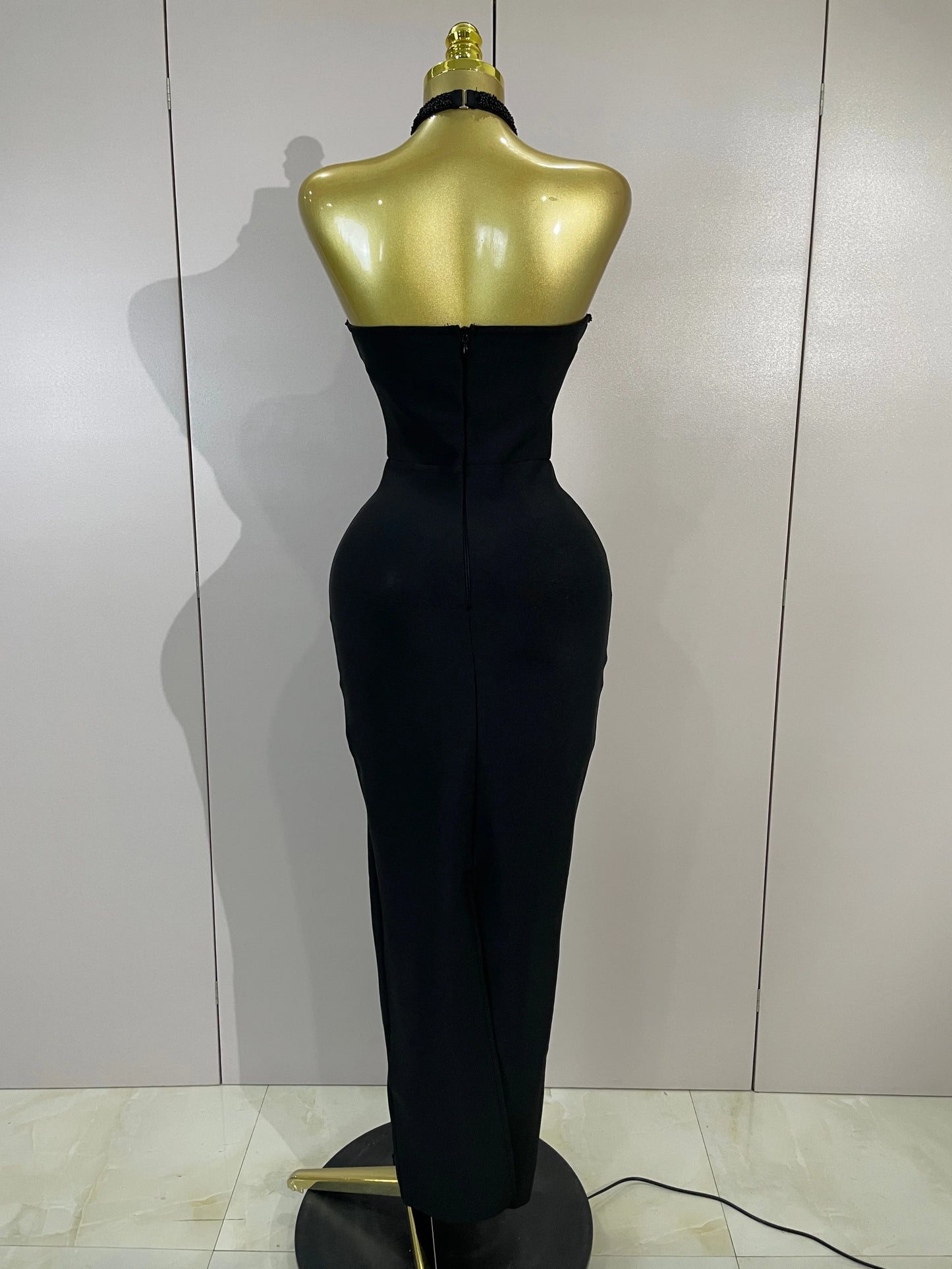 Sexy Beaded Scalloped Halter Black Bodycon Long Bandage Dress Women Elegant Birthday Wedding Guest Celebrate Evening Club Gown