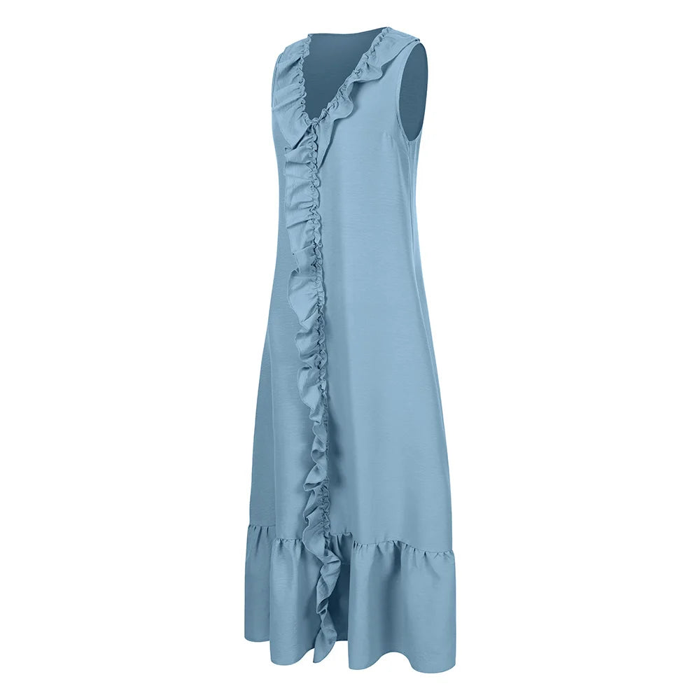 Women's Solid Sleeveless V-Neck Ruffle A-Line Maxi Dress Summer Ladies Casual Loose Beach Holiday Vacation Sundress Size S-2XL