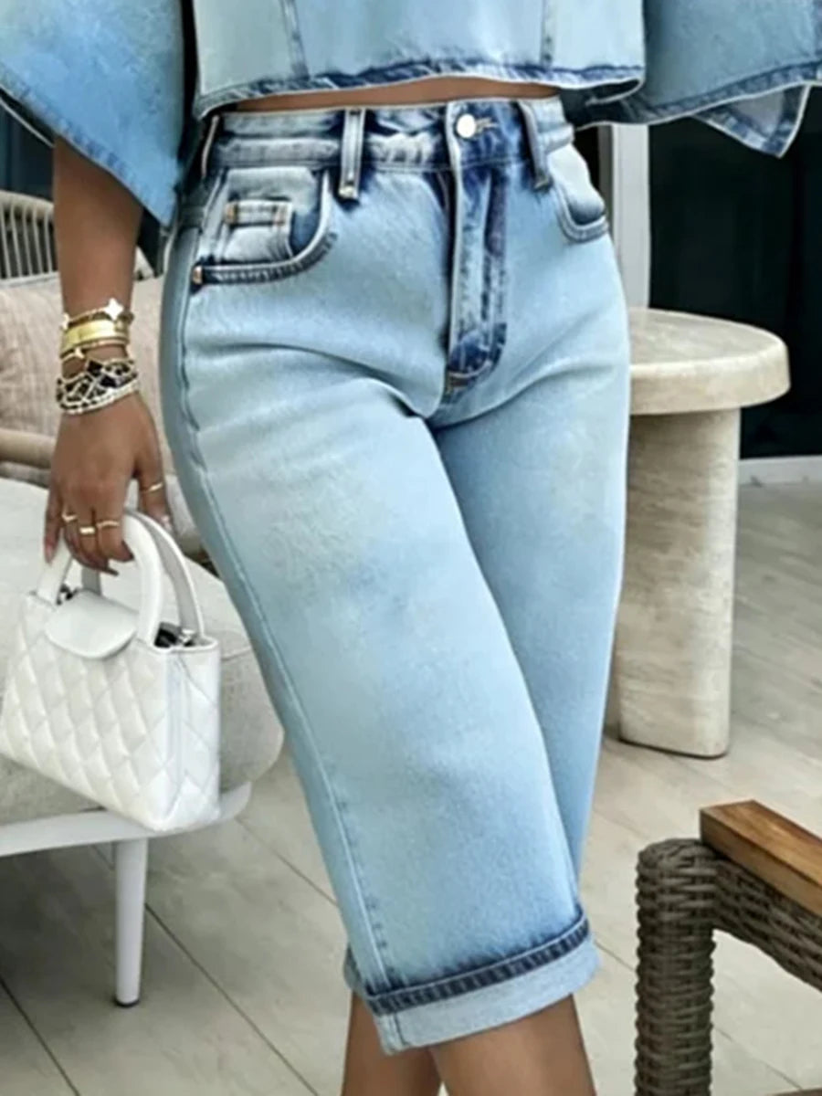 Bonboho Women's Vintage Light Blue Washed High Waisted Cuffed Wide Leg Jeans 2026 Summer Fashion Denim Culottes Vacation Outfit