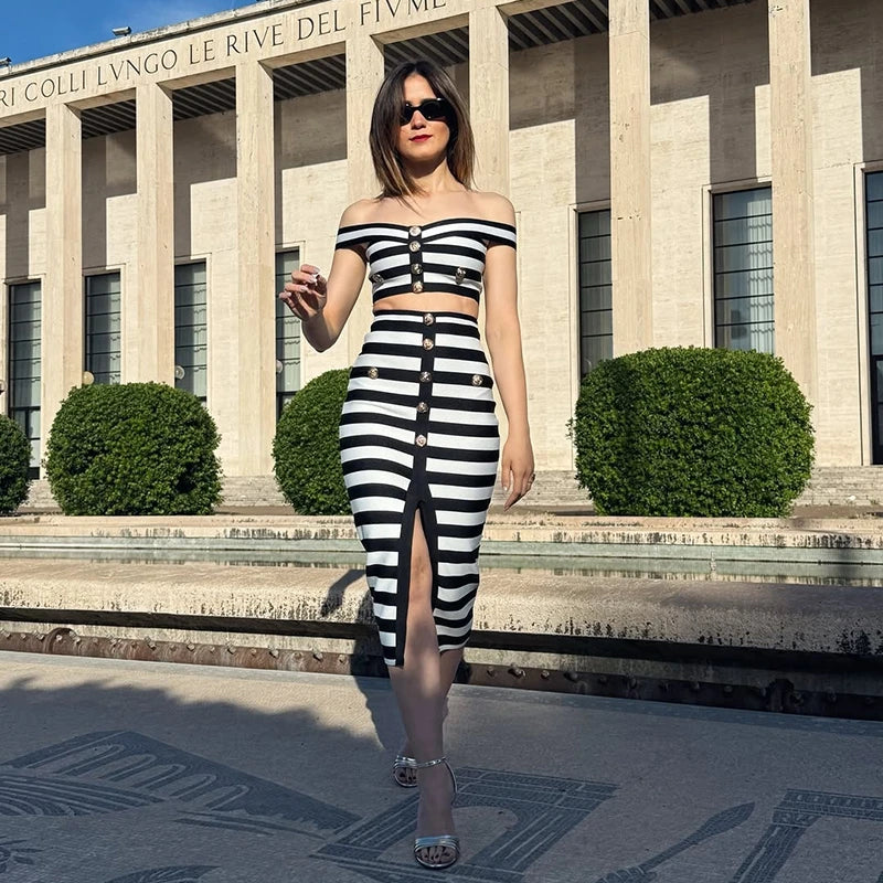 Striped Off Shoulder Sleeveless Two Piece Set For Women