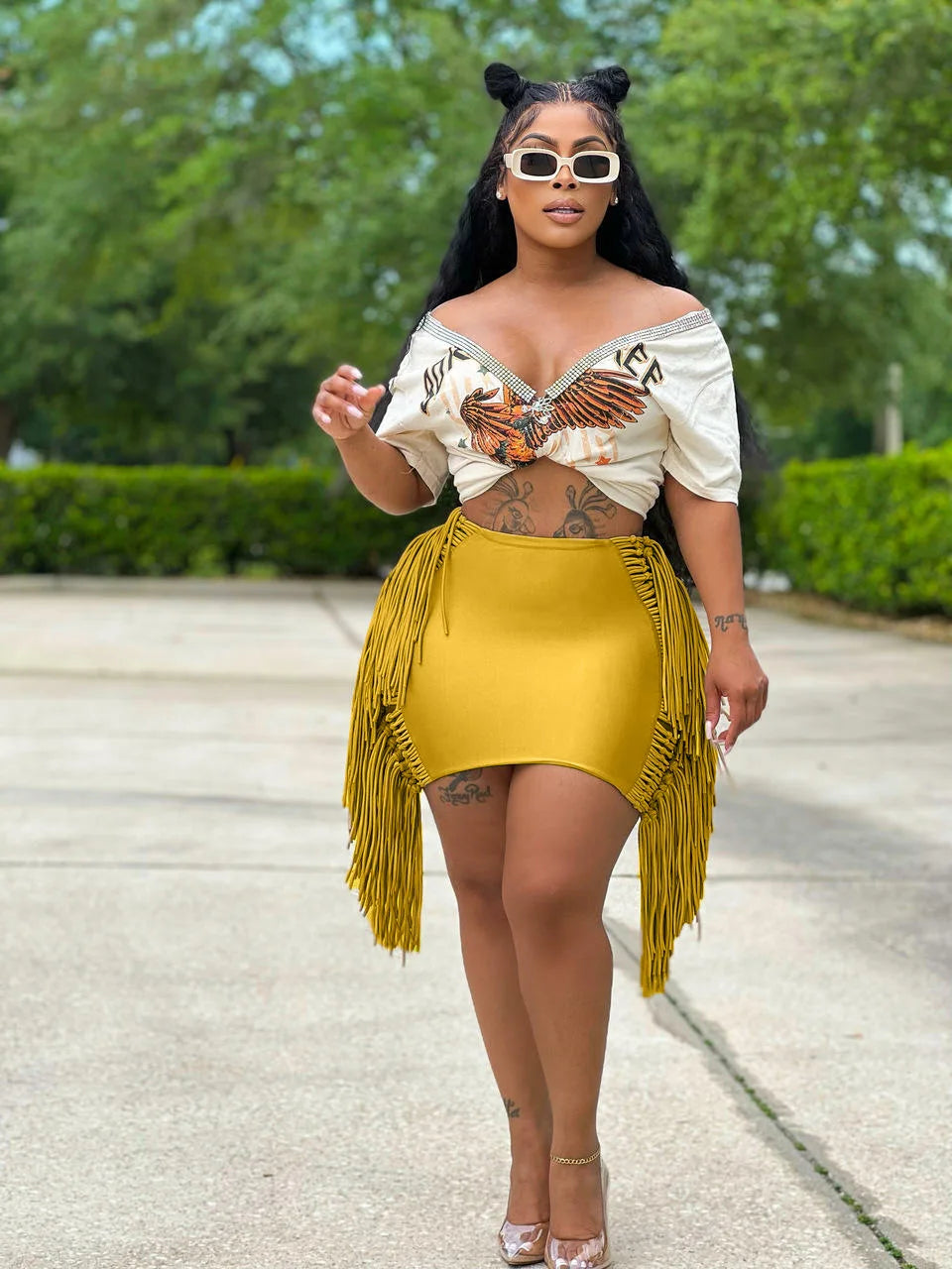 FAGADOER Sexy Tassel Bodycon Mini Skirts Party Club Outfits Women Fashion Chic Streetwear Short Birthday Holidays Skirt Solid