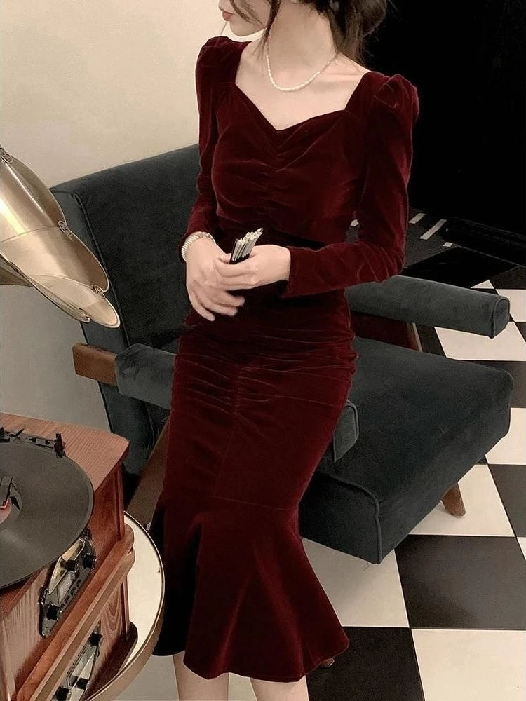 Women Velvet Long Sleeve Maxi Dress Autumn Elegant Luxury A Line Gown High Waist Chic Party Evening Dress Versatile
