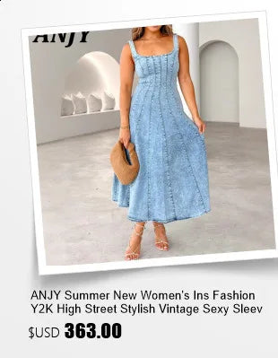 ANJY Summer New Women's Tide High Street Y2K Chic Trendy Sleeveless Halter Neck Backless Waist Cinching Zipper Denim Dress A8053