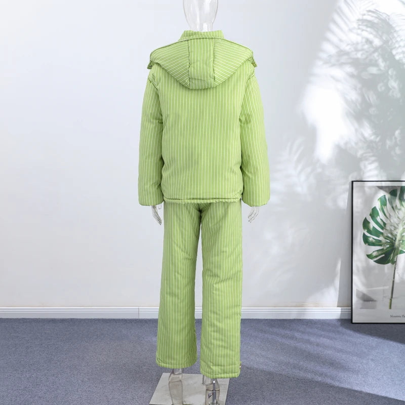 Striped Hooded Puffer Jacket and Wide Leg Pants Set for Women
