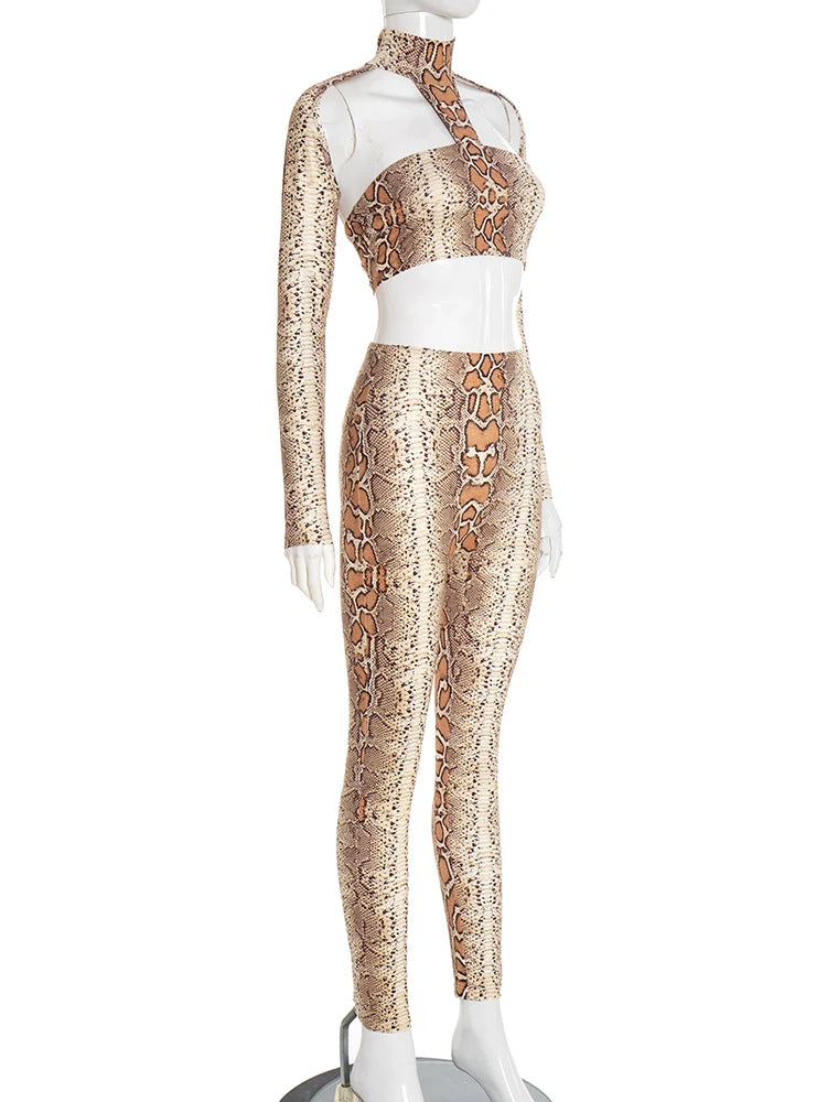 Snake Print Backless Crop Top and Leggings Two-Piece Set for Women