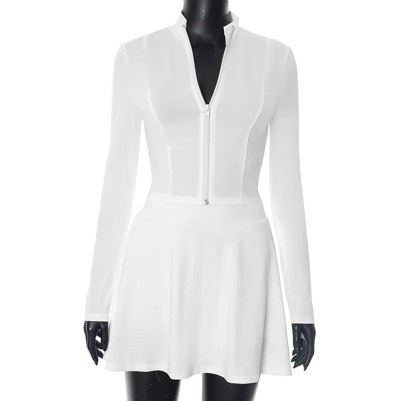 FAGADOER Sexy Sporty 2 Pieces Set for Woman Zipper Long Sleeve Jacket Tops + Pleated Skirts Tracksuits Female Streetwear 2025