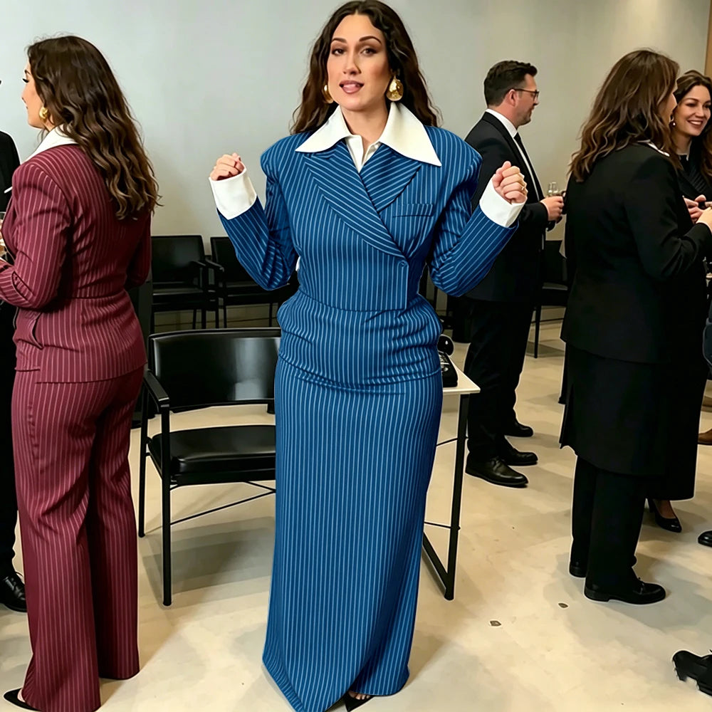 Navy Pinstripe Single Breasted Blazer Skirt Set for Women