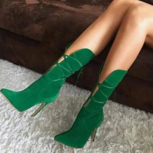 Green Stiletto Lace Up Pointed Toe Mid Calf Boots For Women